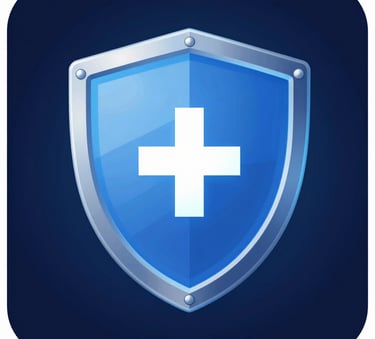 A high-tech digital security shield glowing in light blue (#7B9EC7) over a dark navy (#0D1C3B) background, representing advanced data encryption and safety, modern and professional style.