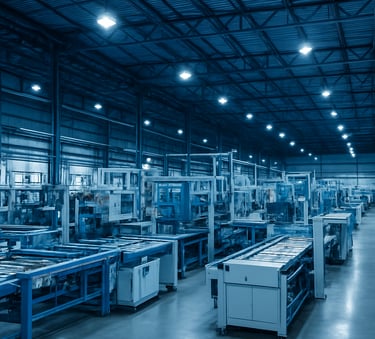 Professional architectural photography of a clean, modern industrial warehouse interior in South Asian / Indian region. The space is illuminated with cool blue and white light, showing organized high-tech assembly lines.