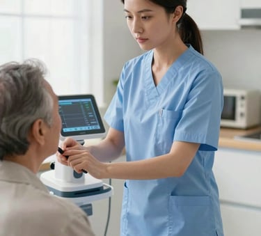A female nurse in medical attire performs a routine health check for a senior in a bright North American kitchen. Professional equipment is used with a kind and supportive presence. High key, clean lighting.