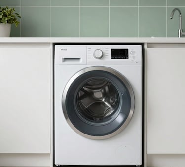 A sleek, brand new front-loading washing machine integrated into a minimalist Scandinavian-style laundry room with matte green tiles and clean white shelves, bright natural lighting, European home setting.