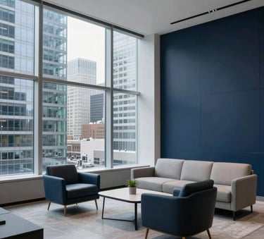 A modern corporate lounge in a North American financial district. Large windows reveal a cityscape of steel and glass. The interior style is minimalist with a palette of light gray and dark navy blue photography.