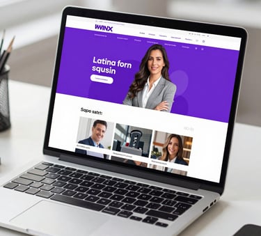 A close-up of a high-end laptop on a minimalist white desk in a bright office, displaying a vibrant website interface with strong purple and white gradients, Latin American / Spanish-speaking professional environment.