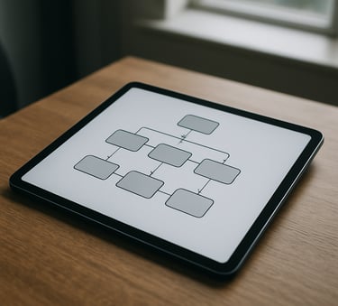 A clean, high-angle shot of a digital tablet on a wooden desk in a British office environment, displaying an organized data flow chart, natural window lighting with soft grey tones.