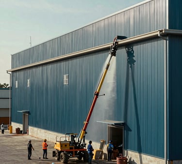 A wide-angle professional shot of a massive warehouse exterior being cleaned by a crew in a North American / US industrial zone. The steel surface is shimmering in the sunlight. Color palette highlights deep slate teal and arctic mist.