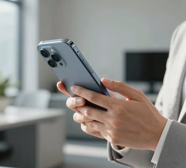 A close-up shot of a person in professional attire using a high-end smartphone in a sunlit, modern North American / US office environment. The scene features soft silver and light grey accents in the furniture and decor.