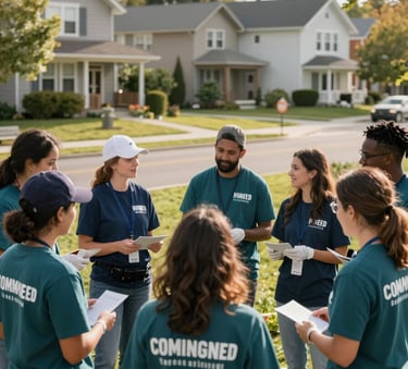 A group of professional community volunteers in modern attire collaborating outdoors in a peaceful North American neighborhood, soft morning sunlight, deep teal and navy blue accents in their clothing, community service atmosphere.