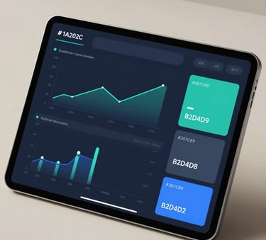 A cutting-edge data visualization dashboard on a tablet, displaying software health metrics and testing progress. The image uses a professional color palette of #1A202C, #367C89, and #B2D4D8, with soft, clean lighting to emphasize precision and intelligent QA solutions.