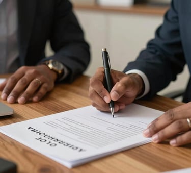 Close-up of hands signing a formal legal rental agreement on a wooden desk, professional office atmosphere, South Asian / Indian setting, soft warm lighting.