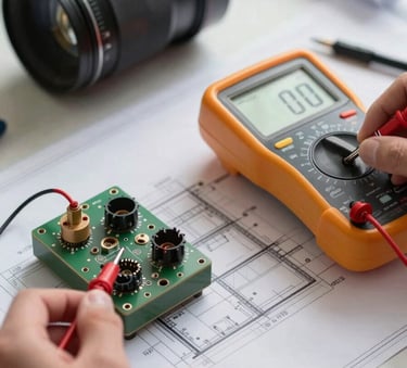 Detail of high-quality electrical components and a multimeter used by an expert, arranged on a architectural blueprint, soft natural light, professional workplace atmosphere.