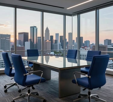 A minimalist, high-end North American executive boardroom with a polished glass table, deep cobalt blue ergonomic chairs, and floor-to-ceiling windows overlooking a modern city skyline at sunset.