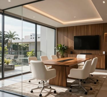A professional and clean photograph of a modern law firm interior in Cuiabá, Mato Grosso, Brazil. The scene shows a glass-walled meeting room with comfortable white chairs and a wooden table, under bright, natural daylight. The atmosphere is professional, emphasizing trust and confidentiality. South American / Brazilian architecture.