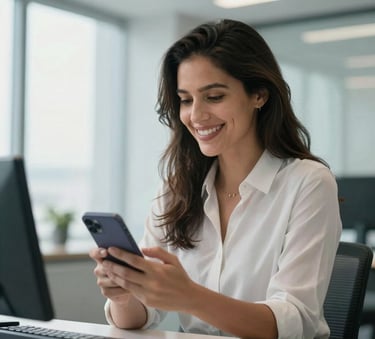 A professional South American woman in a bright, modern office smiling while looking at a smartphone, with soft natural light and a clean, dynamic background featuring light blue and white tones.