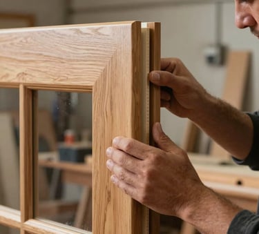 A close-up photograph of a skilled carpenter in a North American / US workshop fitting a bespoke oak door frame, soft natural light reflecting off smooth wood surfaces, professional and clean environment.