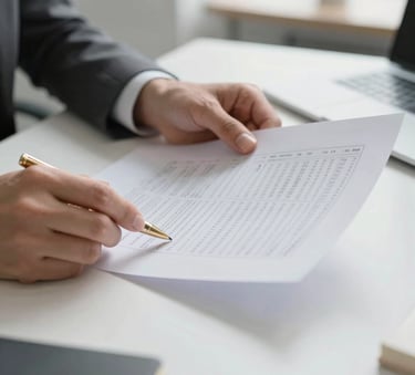A close-up photograph of a professional's hands reviewing a physical financial balance sheet in a bright, modern North American office. Soft daylight illuminates the desk, emphasizing a charcoal and white workspace aesthetic with a high-end gold pen resting on the documents.