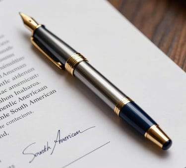 A close-up of a high-end metallic fountain pen resting on a signed legal document, dark wood background, dramatic side lighting, gold and deep blue tones, South American corporate setting.