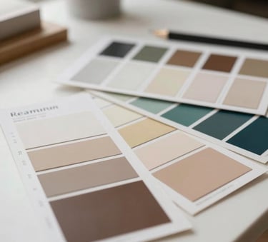 A close-up photograph of premium paper samples and high-quality color swatches on a designer's desk in a modern studio in Western European / French style. Natural soft lighting, elegant composition.