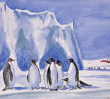 Original painting depicting a small group of penguins standing together in an icy landscape.
