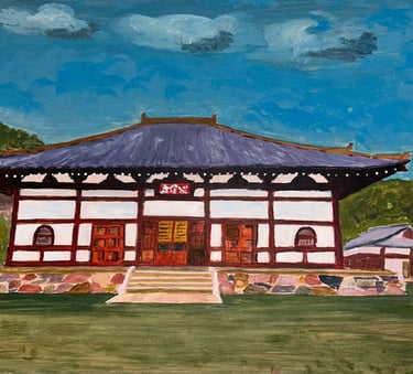 Original watercolor painting depicting Tenryu-ji Temple in Kyoto, traditional Japanese architecture