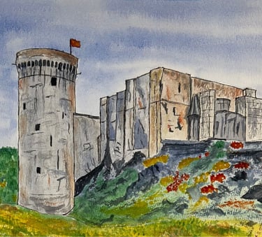 Original watercolor painting depicting William the Conqueror castle in Normandy, France