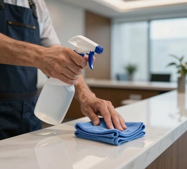A close-up of a professional janitorial spray bottle and a microfiber cloth being used to clean a high-gloss corporate reception desk in a modern North American / US office building.