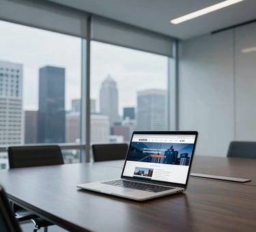 A wide-angle shot of a sleek North American corporate boardroom with a large window overlooking a metropolitan skyline. A thin laptop sits on the table, displaying a professional website layout. The lighting is crisp and modern with blue and white tones.