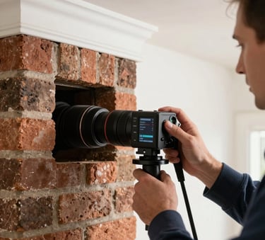 A close-up of a professional technician using a high-definition chimney inspection camera inside a clean brick flue, bright workspace lighting, North American / US home interior.