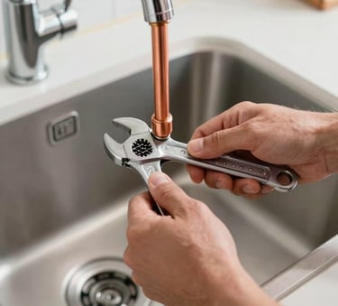 Close-up of a professional plumber's hands using a wrench to tighten a new copper pipe joint under a modern sink, North American / US residential kitchen setting, bright and clean lighting.
