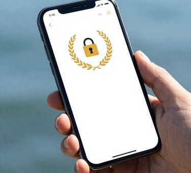 A close-up photograph of a modern smartphone screen displaying a security app interface, held by professional hands against an ocean blue background. The lighting is clean and bright.