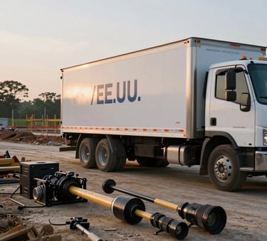 A high-action shot of a construction site in the Southern USA at dawn. Professional tools and a clean truck with subtle branding are visible. The atmosphere is industrious and high-end. Latinoamérica / EE.UU.