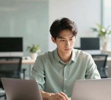 A focused professional in a sunlit office using a laptop, with a blurred background of a modern workspace featuring Muted Sage and Arctic White color accents. Clean and airy composition.