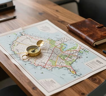 A high-angle, professional photograph of a clean wooden desk in a bright office in the North American / US West. On the desk are detailed land ownership maps, a brass compass, and a leather-bound journal, signifying precision and heritage in land research.