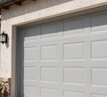 A close-up photograph of a modern, clean garage door installation on a North American New Mexican style house, featuring sleek silver hardware and smooth finishes under clear bright daylight.
