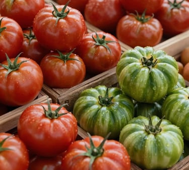 A detailed close-up of a North American farmer's market stall. Ripe heirloom tomatoes in Deep Ripe Crimson and Matte Forest Green produce are arranged in rustic wooden crates. Professional lighting emphasizes the organic textures and fresh quality.