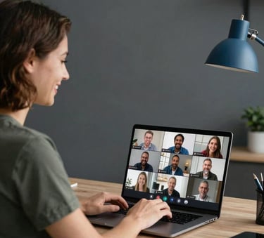 A person in a modern North American / US home office, smiling while participating in a virtual group session on a laptop. The background is soft and features a muted charcoal wall and minimalist steel blue decor.