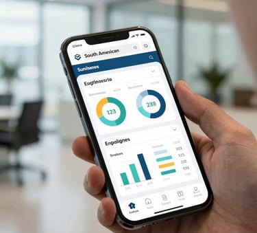 A close-up of a modern smartphone displaying a sleek business analytics dashboard, held by a person in professional attire in a bright, contemporary South American corporate lobby.