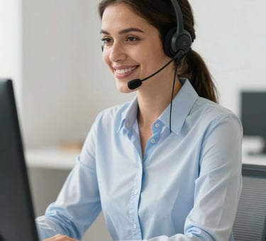 A professional South American / Brazilian woman in a business casual shirt smiling warmly while working at a clean, modern desk. She is wearing a professional wireless headset. Soft lighting, high-end corporate photography style with light blue and off-white tones.