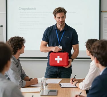 A professional Italian instructor leading a workplace safety training session in a modern, brightly lit conference room, showing participants a first aid kit, cinematic lighting, professional photography.