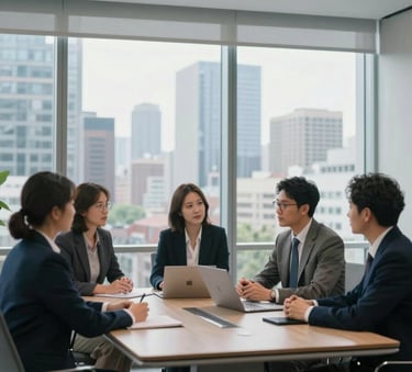 A group of professional consultants in a modern North American office conference room, engaged in a strategic meeting. The room features large windows showing a city skyline, with sleek furniture in muted blue and light gray tones. Professional atmosphere, soft daylight.