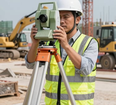 A professional Southeast Asian male surveyor in a high-visibility vest and white hard hat using a digital theodolite on a tripod at a large infrastructure construction site. Clear daylight, technical precision, modern construction equipment in the background.