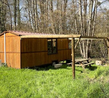 tiny house vu de l'extérieur en bardage bois, dans un cadre verdoyant