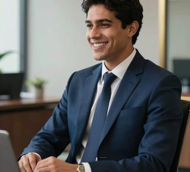 A professional South American lawyer in a navy blue suit sitting in a modern office, smiling warmly to convey empathy and trust, with gold accents in the decor and soft natural lighting.