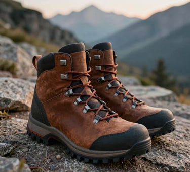 A close-up photograph of high-quality leather hiking boots on a rugged mountain trail in a North American / US national park, soft natural morning light.