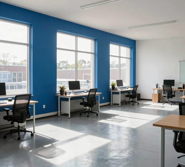 A wide photography shot of a professional, clutter-free modern office space in Bucks County, Pennsylvania. The room is immaculate with large windows, Royal Blue accents in the decor, and bright, natural morning light hitting the polished gray floors.