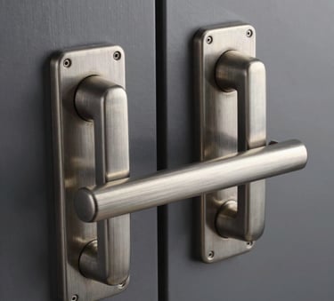 Close-up of premium architectural hardware and brushed metal door handles on a dark steel gray background, professional product photography with sharp focus and clean lighting.