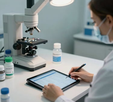 A professional pharmaceutical workstation in Brazil with a clean white desk, a tablet showing healthcare data, and professional lighting, suggesting high standards of care.