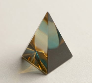 Macro photography of a scientific glass prism refracting light, casting subtle rich burnished gold and dark forest teal glows onto a soft ivory white surface, clean and clinical aesthetic.
