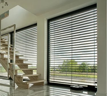 a staircase casement with blinds and blinds