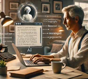 Biographer using AI writing tools on his laptop