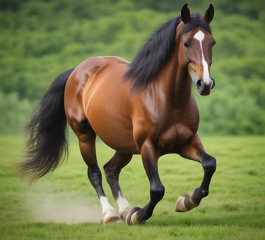 A detailed view of a horse with a shiny, muscular build, standing on a grassy area. The image also includes a few people partially visible, dressed in formal attire, some holding the horse's reins. The setting appears to be an outdoor event with manicured greenery in the background.
