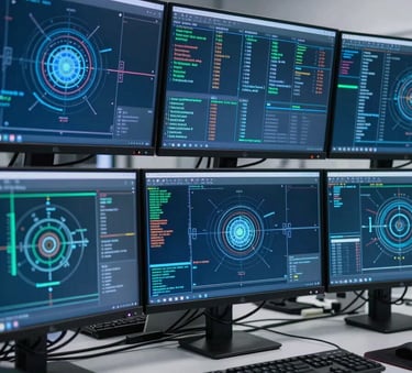 A high-tech digital forensics lab in a British / UK city, with multiple monitors displaying complex blockchain data maps in deep slate and steel blue tones, professional cinematic lighting.